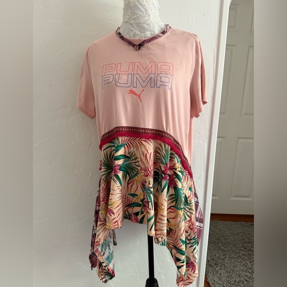 Upcycled Tunic Top Pink Plaid Knit Bottom Boho Mixed Media XL - Picture 2 of 12